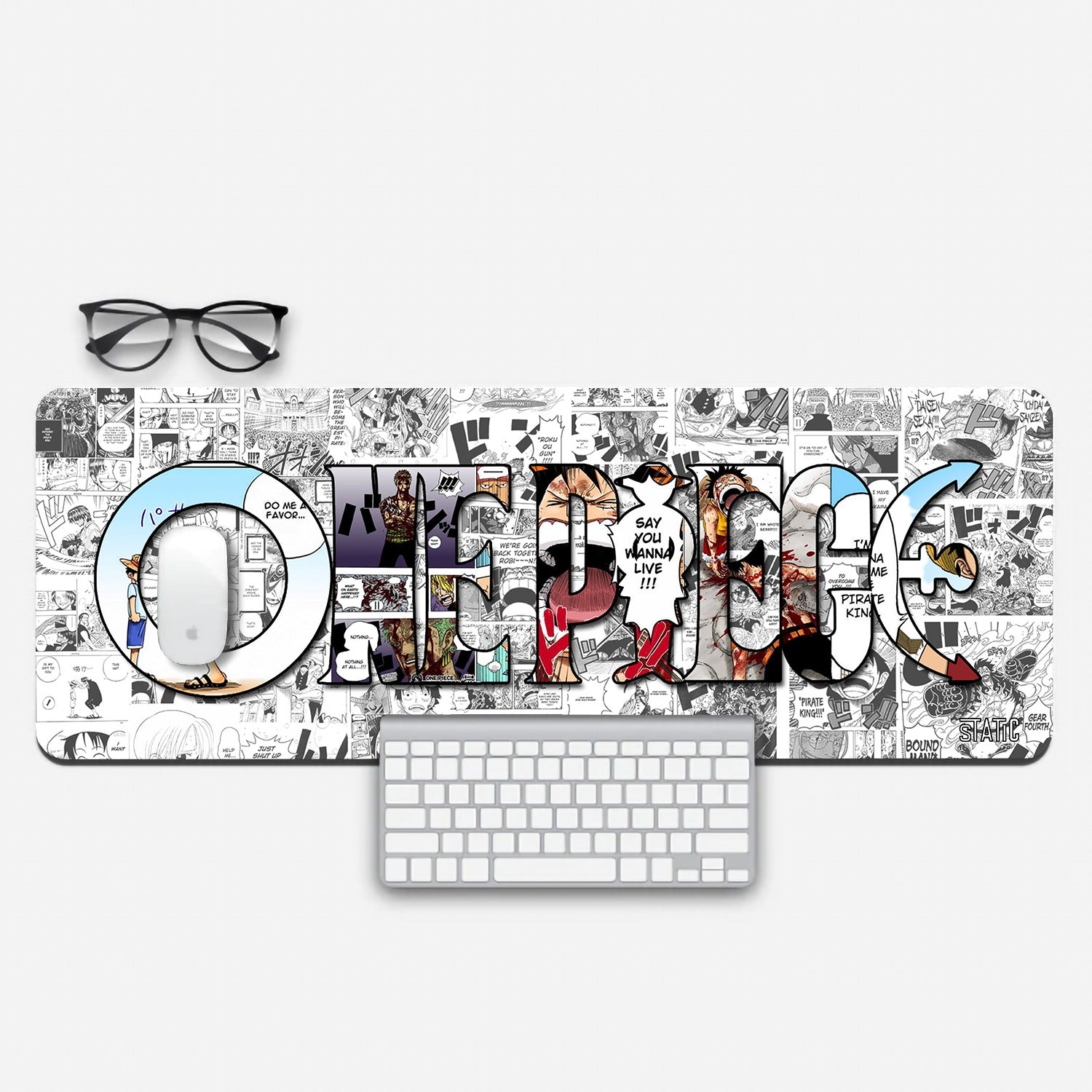 Dive into the World of One Piece with Our Extended Gaming Mouse Pad! Unleash your inner pirate with our mouse pad featuring the iconic One Piece title filled with legendary stills from the series. The background, adorned with black and white manga pages, adds an extra layer of excitement. Crafted for precision and durability, this mouse pad ensures a smooth and responsive gaming experience. Order now and conquer the gaming world like a true pirate king!