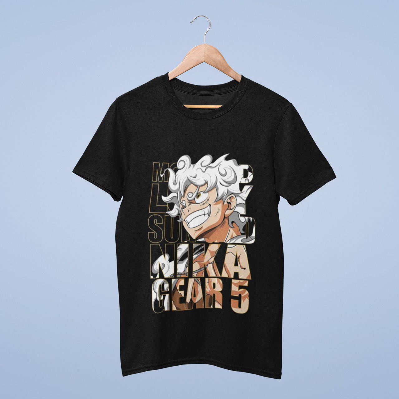 Unleash the power of Monkey D. Luffy's Gear 5 with our striking black T-shirt. This shirt features Luffy's intense Sun God Nika form, seamlessly blended into the graphic. It's not just clothing; it's an emblem of adventure and strength, perfect for fans of the Pirate King. Whether you're hitting the streets or sailing the seas, channel Luffy's might with this dynamic design. Join the crew and make a bold statement with our Monkey D. Luffy Gear 5 T-shirt.