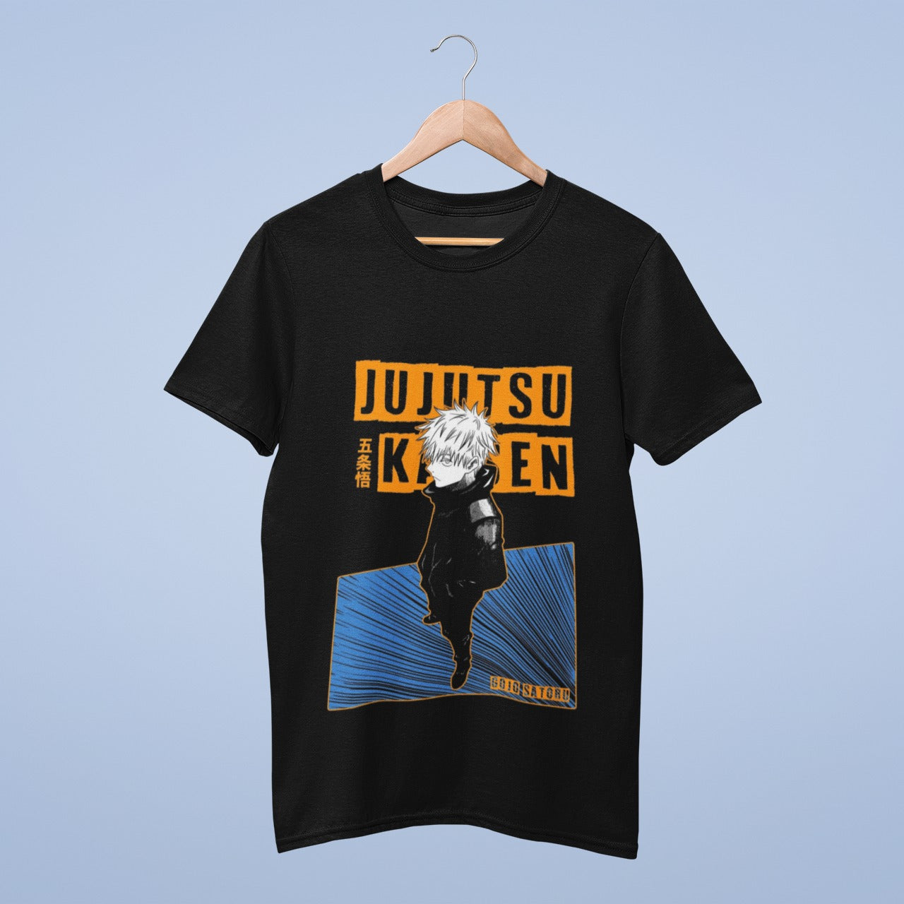Elevate your style with our black cotton round neck t-shirt featuring the enigmatic Gojo Satoru. His captivating side stare draws you in, while the bold "Jujutsu Kaisen" in vibrant orange (in English) and "Gojo Satoru" in Japanese script add an authentic touch. Crafted for comfort from high-quality cotton, this tee showcases your love for Jujutsu Kaisen. Make a statement with this unique design and embrace the essence of Gojo Satoru today!