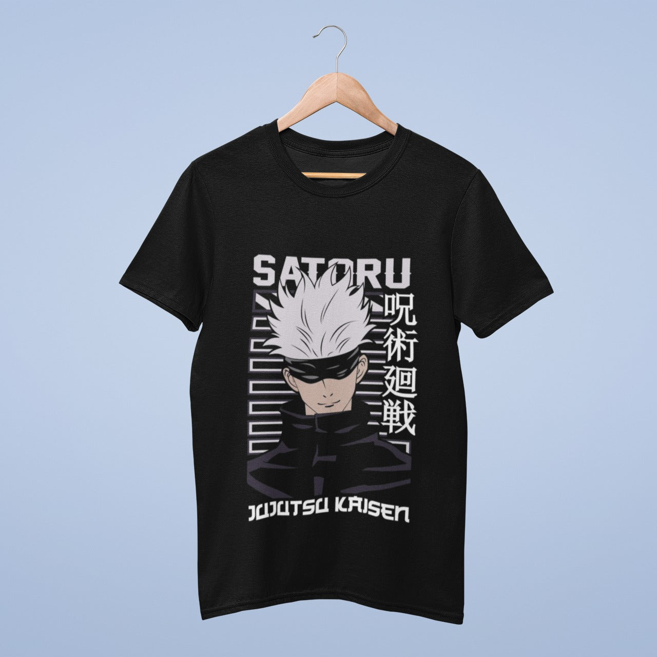 Step up your style game with our black cotton round neck t-shirt, featuring the enigmatic Gojo Satoru from Jujutsu Kaisen. This tee showcases Gojo with his blindfold, exuding an air of mystery and power. The bold "Satoru" in English at the top, "Jujutsu Kaisen" at the bottom, and Japanese characters on the side make it a must-have for fans. Elevate your anime-inspired fashion with this tee, merging comfort and style effortlessly.