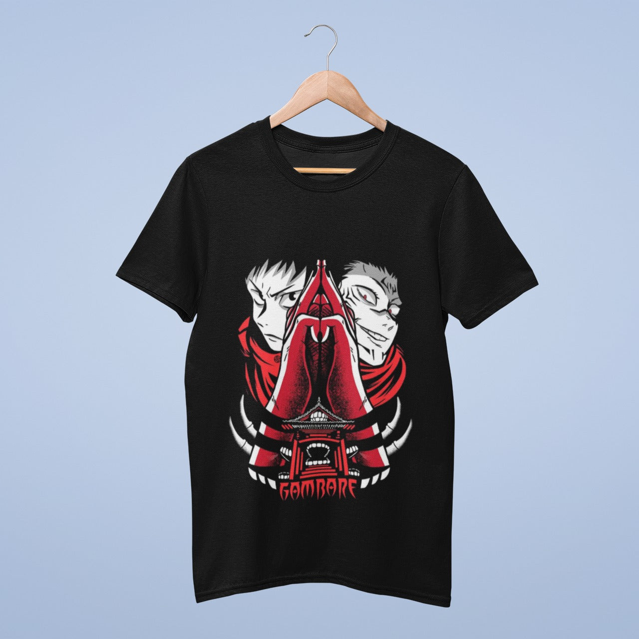 Elevate your style with our black round neck tee featuring iconic Jujutsu Kaisen characters, Itadori Yuji and Sukuna, displayed on both sides. Sukuna's crimson folded hands bring an intense visual contrast. Below them rests a vivid red shrine, while "Gambare," meaning "Fight On" in English, adds motivational flair. Embrace the world of curses and sorcery with this striking graphic tee, making a statement that speaks to your love for Jujutsu Kaisen.