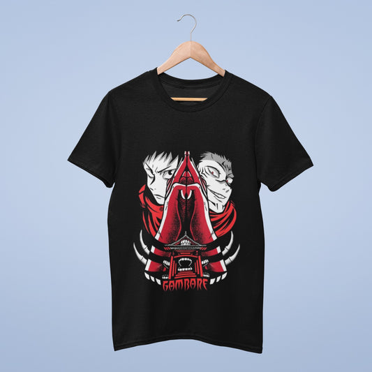 Elevate your style with our black round neck tee featuring iconic Jujutsu Kaisen characters, Itadori Yuji and Sukuna, displayed on both sides. Sukuna's crimson folded hands bring an intense visual contrast. Below them rests a vivid red shrine, while "Gambare," meaning "Fight On" in English, adds motivational flair. Embrace the world of curses and sorcery with this striking graphic tee, making a statement that speaks to your love for Jujutsu Kaisen.