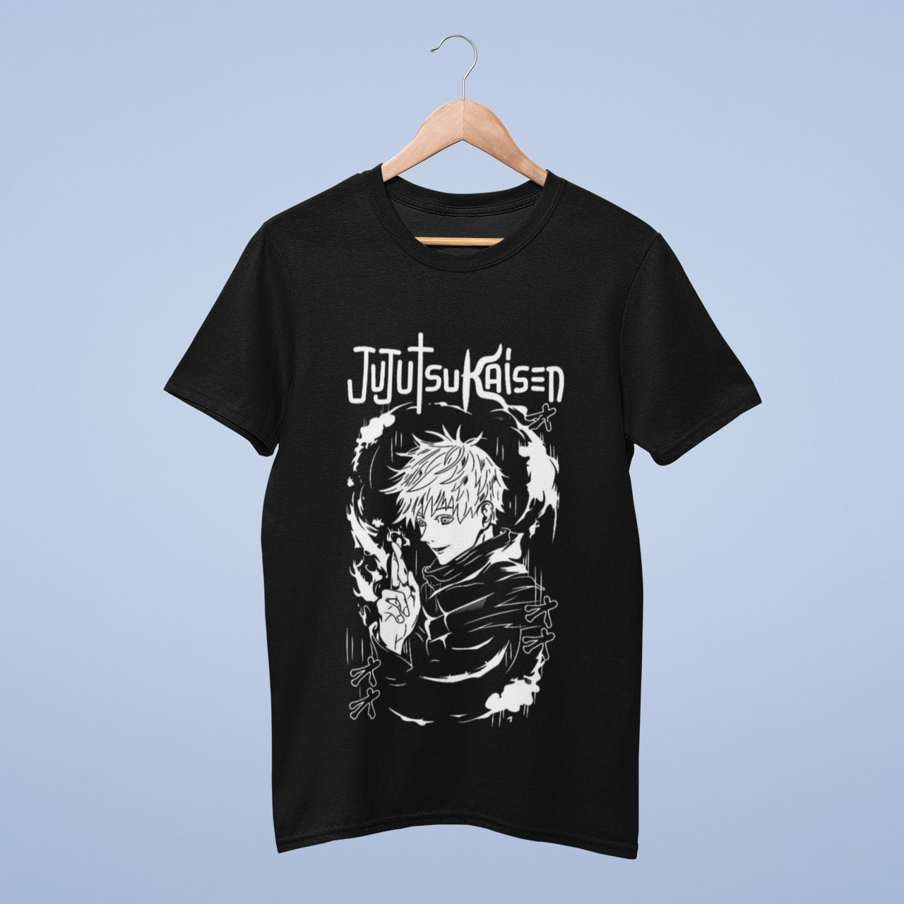 Step up your fashion game with this black cotton round neck t-shirt featuring Gojo Satoru without his iconic blindfold, fingers crossed, and enveloped by celestial clouds. The crisp "Jujutsu Kaisen" title on top adds a striking element. Crafted for both comfort and durability, this shirt is an ideal choice for displaying your admiration for the series while making a stylish statement. Perfect for avid fans or newcomers, it's a wardrobe essential that showcases Gojo Satoru's enigmatic charm.