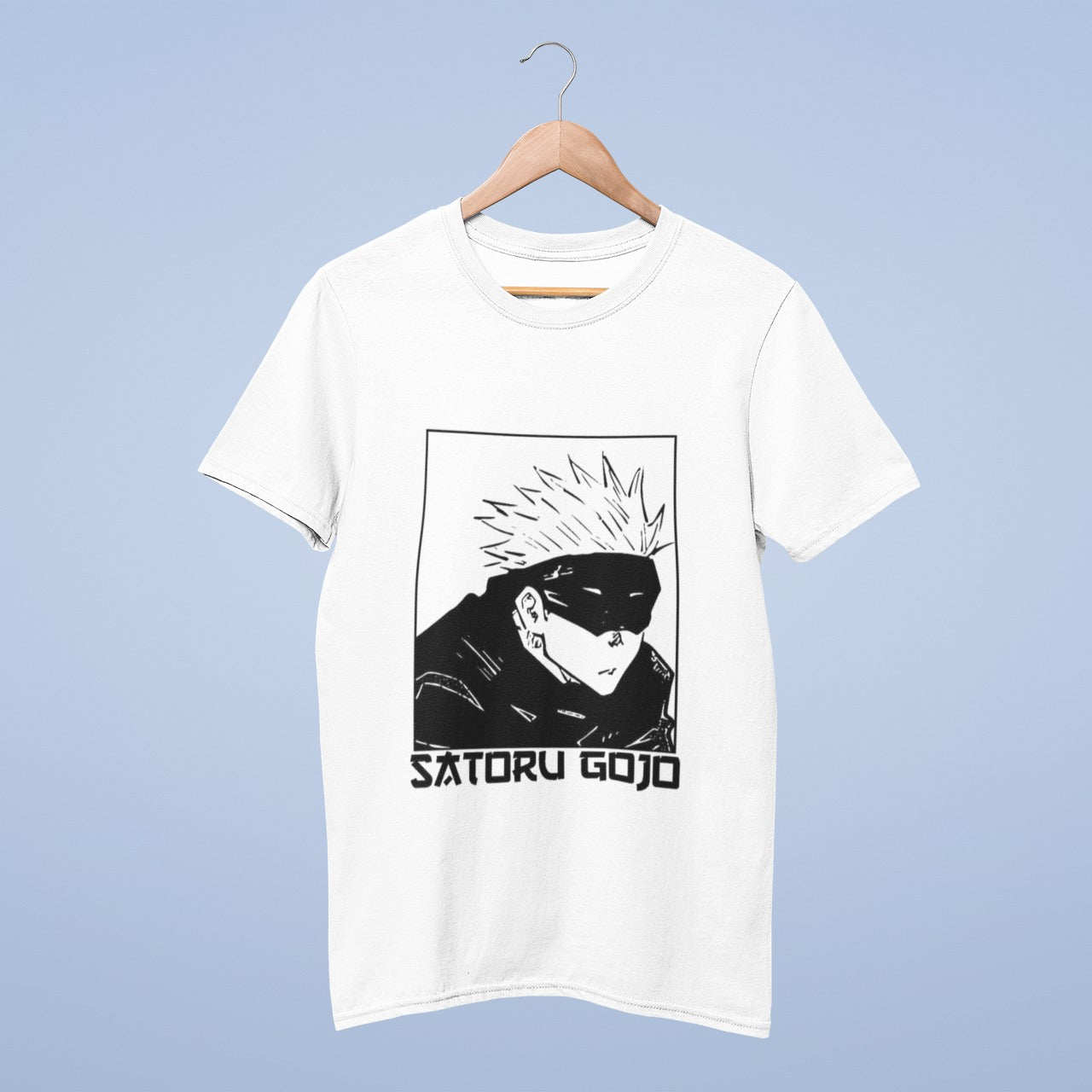 Elevate your style with this white cotton round neck tee featuring the iconic Gojo Satoru from Jujutsu Kaisen. The black and white image captures Gojo in a quirky moment, wearing his signature blindfold and looking whimsical. "Satoru Gojo" is boldly printed at the bottom in English letters. Made from premium cotton, this tee combines comfort with a trendy design. Whether you're a fan or a fashion enthusiast, this shirt is a must-have to express your Jujutsu Kaisen fandom.