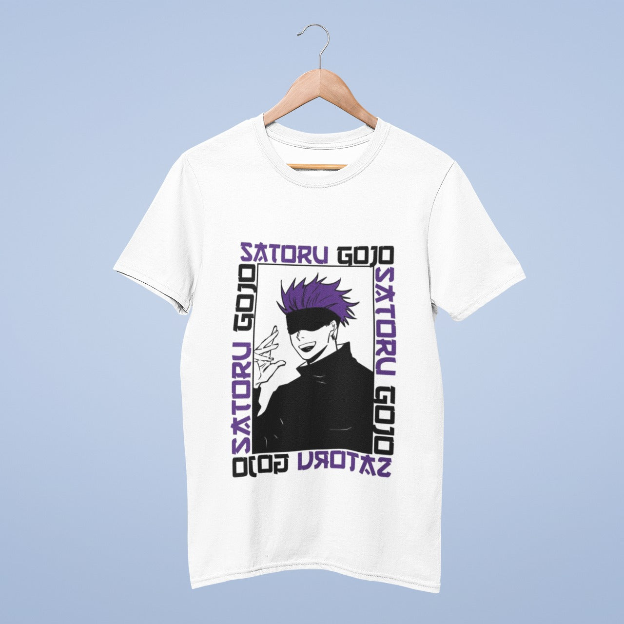 Elevate your style with this white cotton round neck t-shirt featuring the enigmatic Gojo Satoru from Jujutsu Kaisen. His striking black and white image, complete with purple hair, takes center stage. The unique design extends Gojo's identity with "GOJO SATORU" elegantly written in purple along all four sides. Show your passion for the series and this iconic character with a fashion statement that's both bold and stylish.