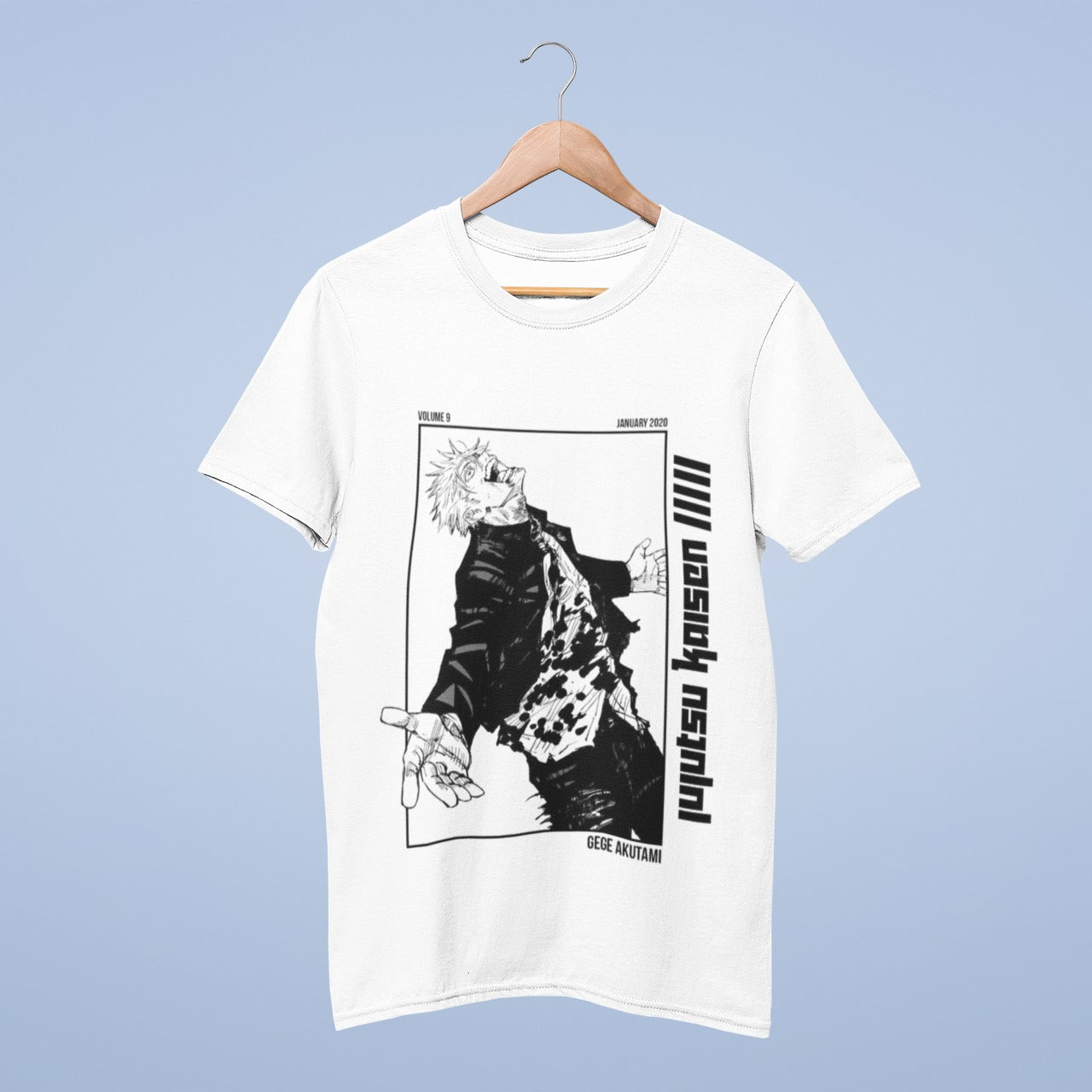 Embrace the Jujutsu Kaisen vibe with this striking white cotton round neck t-shirt. It showcases Gojo Satoru in a captivating black and white image, laughing uncontrollably amidst a sea of chaos. Vertical "Jujutsu Kaisen" lettering adds a bold touch, while "Gege Akutami" subtly graces the bottom right corner in honor of the series' creator. This tee is a must-have for fans, expressing your love for the supernatural world of Jujutsu Kaisen. Make a statement in style.