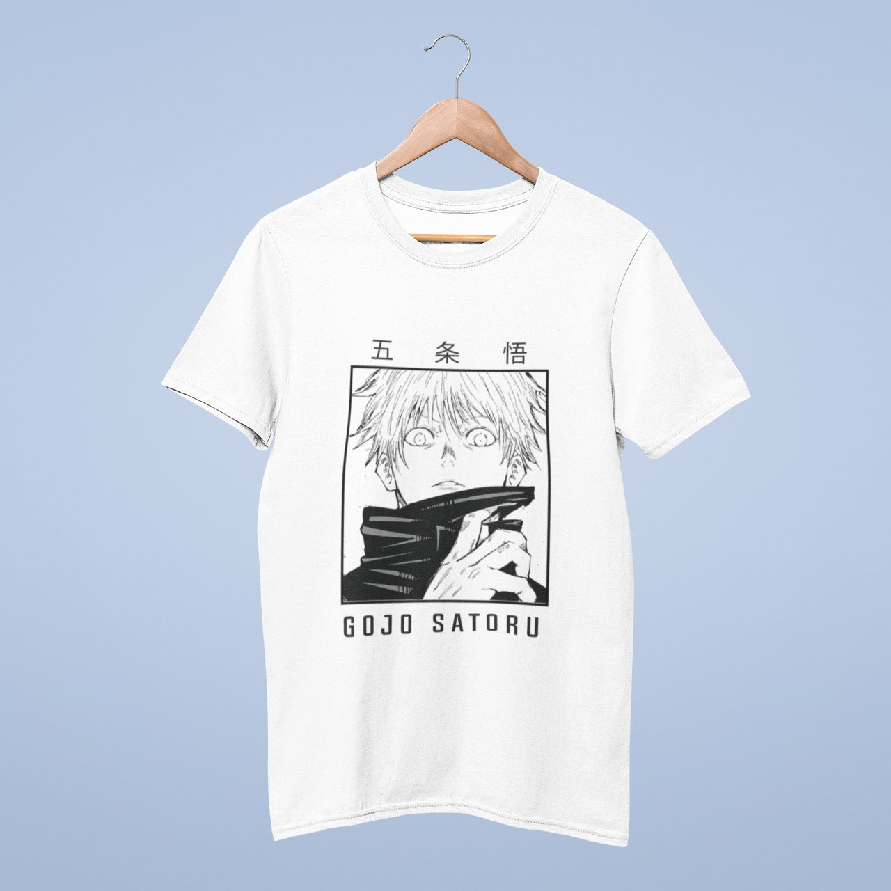 Upgrade your wardrobe with this white cotton round neck t-shirt featuring a striking black and white image of Gojo Satoru from Jujutsu Kaisen. With his iconic blindfold lowered, this tee exudes a sense of mystery and style. "GOJO Satoru" is boldly written in English at the bottom, and in Japanese at the top, adding an authentic touch to your anime-inspired fashion. Make a statement and stand out with this unique piece.