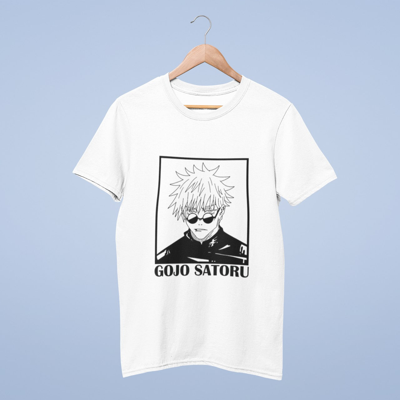 Elevate your style with this white cotton round neck t-shirt featuring the enigmatic Gojo Satoru from Jujutsu Kaisen. The black and white image captures Gojo in his classic pose, glasses slightly lowered, exuding an air of confidence. With "GOJO SATORU" boldly written in black letters below the image, you can show your admiration for this iconic character in a sleek and stylish way. Embrace the power and charisma of Gojo Satoru with every wear.