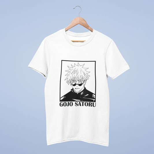 Elevate your style with this white cotton round neck t-shirt featuring the enigmatic Gojo Satoru from Jujutsu Kaisen. The black and white image captures Gojo in his classic pose, glasses slightly lowered, exuding an air of confidence. With "GOJO SATORU" boldly written in black letters below the image, you can show your admiration for this iconic character in a sleek and stylish way. Embrace the power and charisma of Gojo Satoru with every wear.