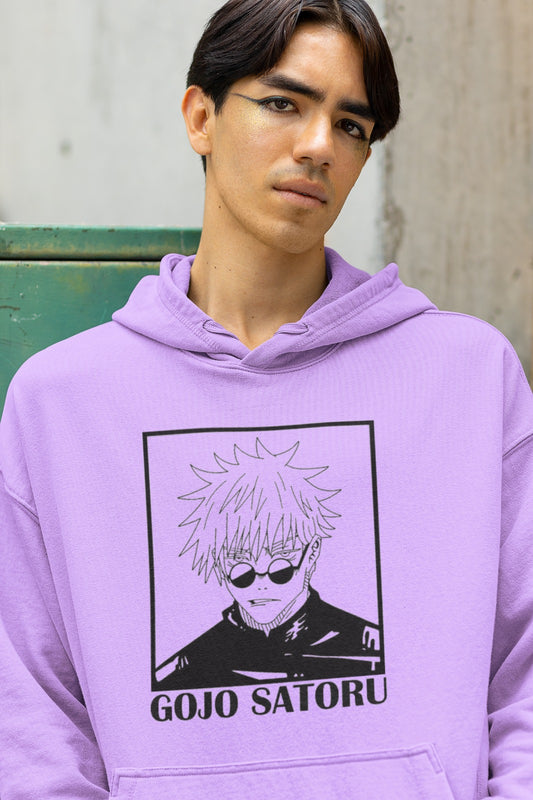 Embrace the mystique of Jujutsu Kaisen with our Lavender Oversized Hoodie featuring the enigmatic Gojo Satoru. In classic black and white, his image radiates a unique charm. With 'Gojo Satoru' boldly written in English beneath, this hoodie is a blend of style and anime passion. Whether you're a fan of the show or simply a fashion enthusiast, this comfy, chic hoodie is a must-have. Make a bold statement with the Lavender Gojo Satoru Oversized Hoodie!