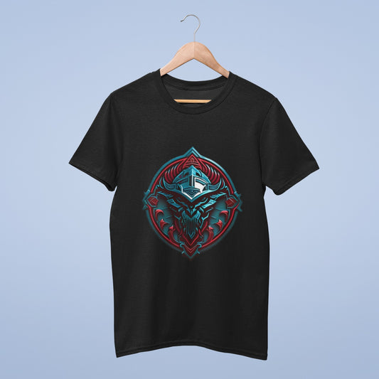 Neon Blue Viking Warrior crest T-shirt from @arkoroy99