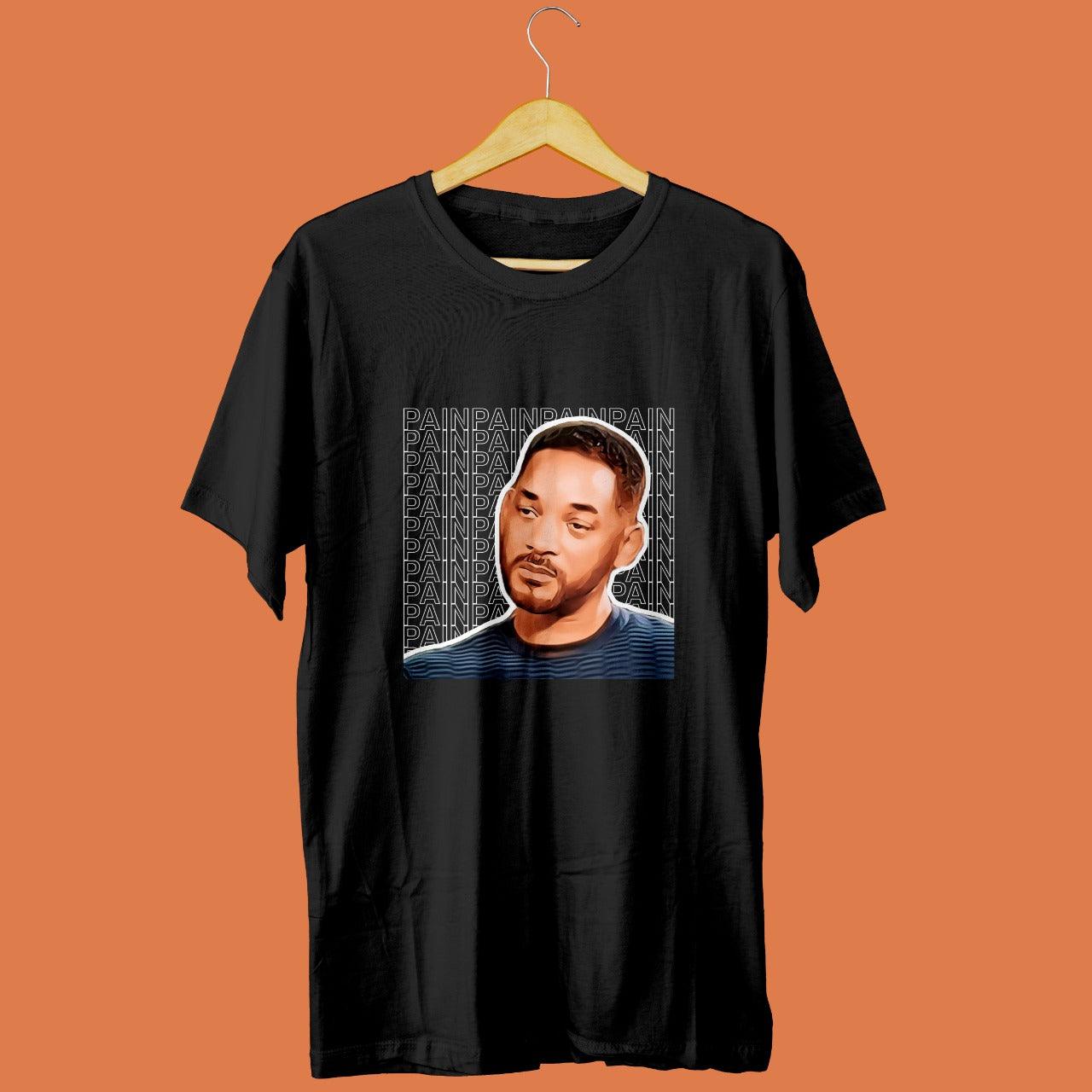 black tshirt with picture of sad will smith printed on it with pain written multiple times in the background, relatable memes