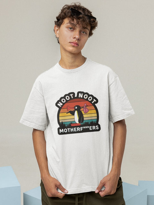 boy wearing a white tshirt with ping holding a bag on a stick shouting not not mother***ers, relatable life memes