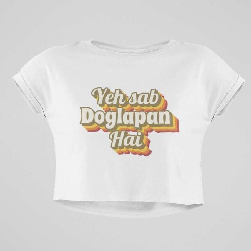 white crop top with yeh sab doglapan hai printed on it, shark tank india memes