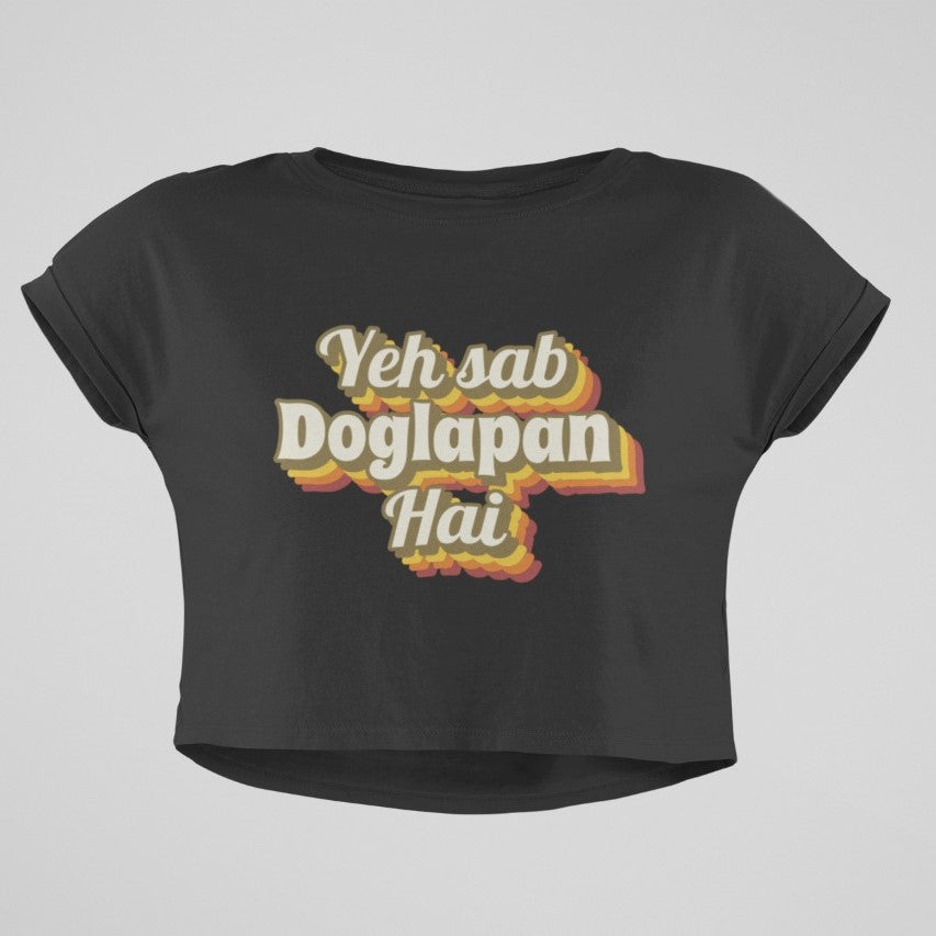 black crop top with yeh sab doglapan hai printed on it, shark tank india memes