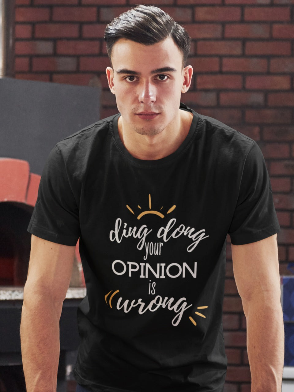 man wearing black tshirt with message of ding dong your opinion is wrong printed on it, sarcastic relatable funny memes