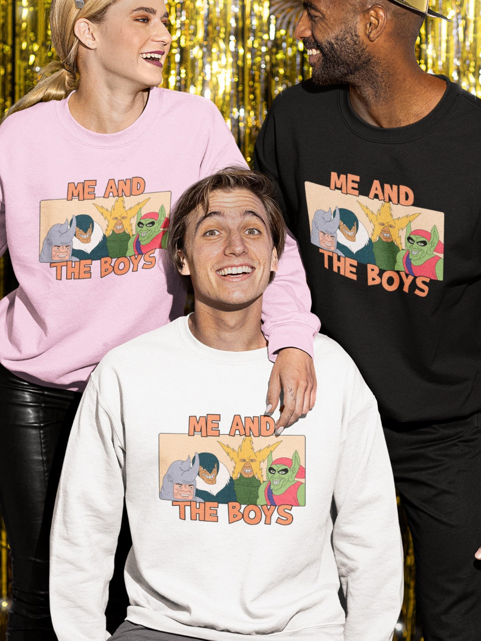 girl wearing pink sweatshirt with me and the boys Spiderman villains meme printed on it with her left hand on the shoulder of a man sitting in front of her wearing a white sweatshirt with me and the boys Spiderman villains meme printed on it and looking at a dark guy standing beside her wearing a black sweatshirt with me and the boys Spiderman villain meme printed on it, fam relatable funny memes