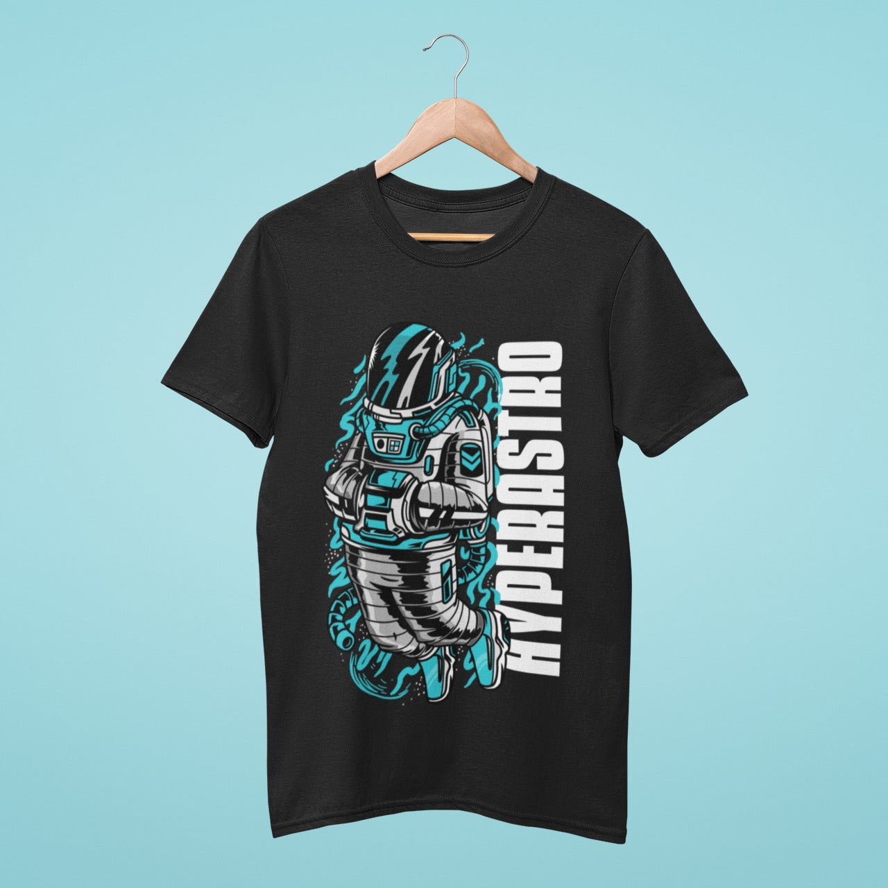 Add some cosmic style to your wardrobe with our black t-shirt featuring a striking design of an astronaut floating in electric blue space, with the title "Hyperastro". Perfect for space aficionados and those who love bold fashion. Made from high-quality materials, this comfortable and durable t-shirt is a must-have. Order now and show off your love for the cosmos!