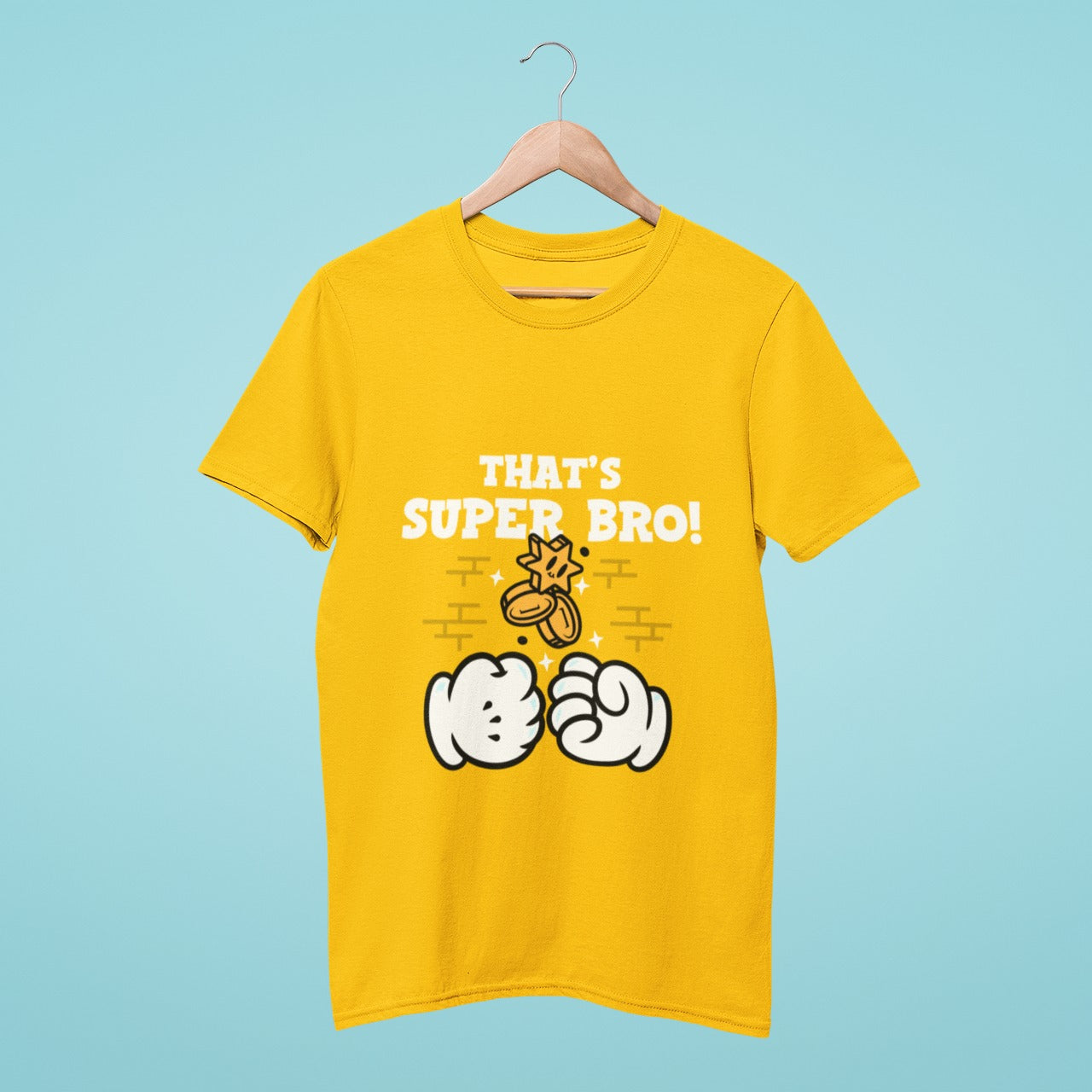 Get your game on with this yellow t-shirt featuring "That's Super Bro" slogan and two glove fists bumping. Perfect for the competitive gaming spirit.