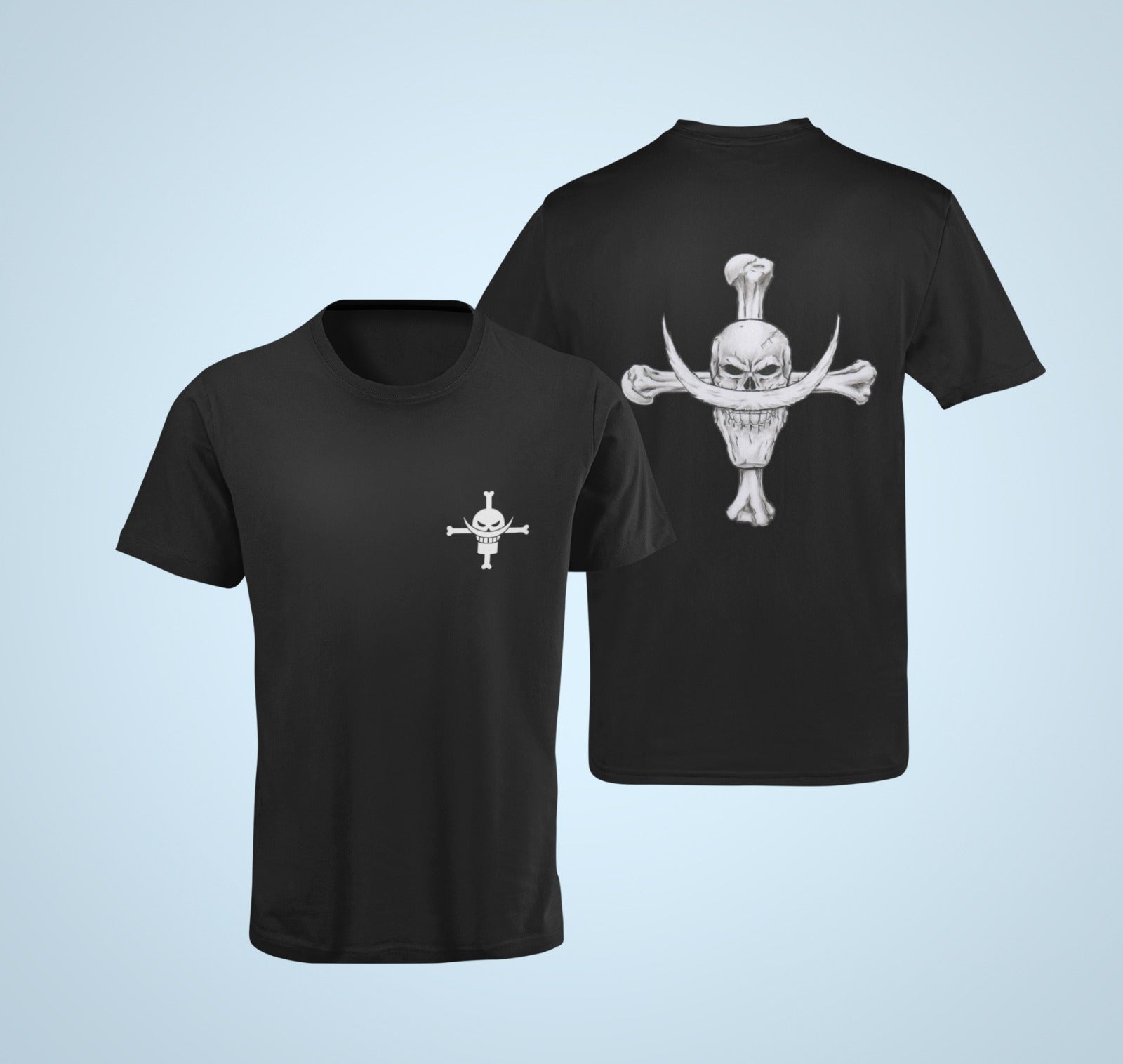 Celebrate your love for One Piece with our black t-shirt featuring the Whiteboard Pirate Jolly Roger on the back and the Shirohige logo on the front. Made from high-quality materials, this comfortable and durable t-shirt is perfect for anime fans or anyone looking to add some style to their wardrobe. Order now and become a part of the white beard crew