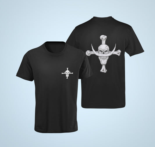 Celebrate your love for One Piece with our black t-shirt featuring the Whiteboard Pirate Jolly Roger on the back and the Shirohige logo on the front. Made from high-quality materials, this comfortable and durable t-shirt is perfect for anime fans or anyone looking to add some style to their wardrobe. Order now and become a part of the white beard crew