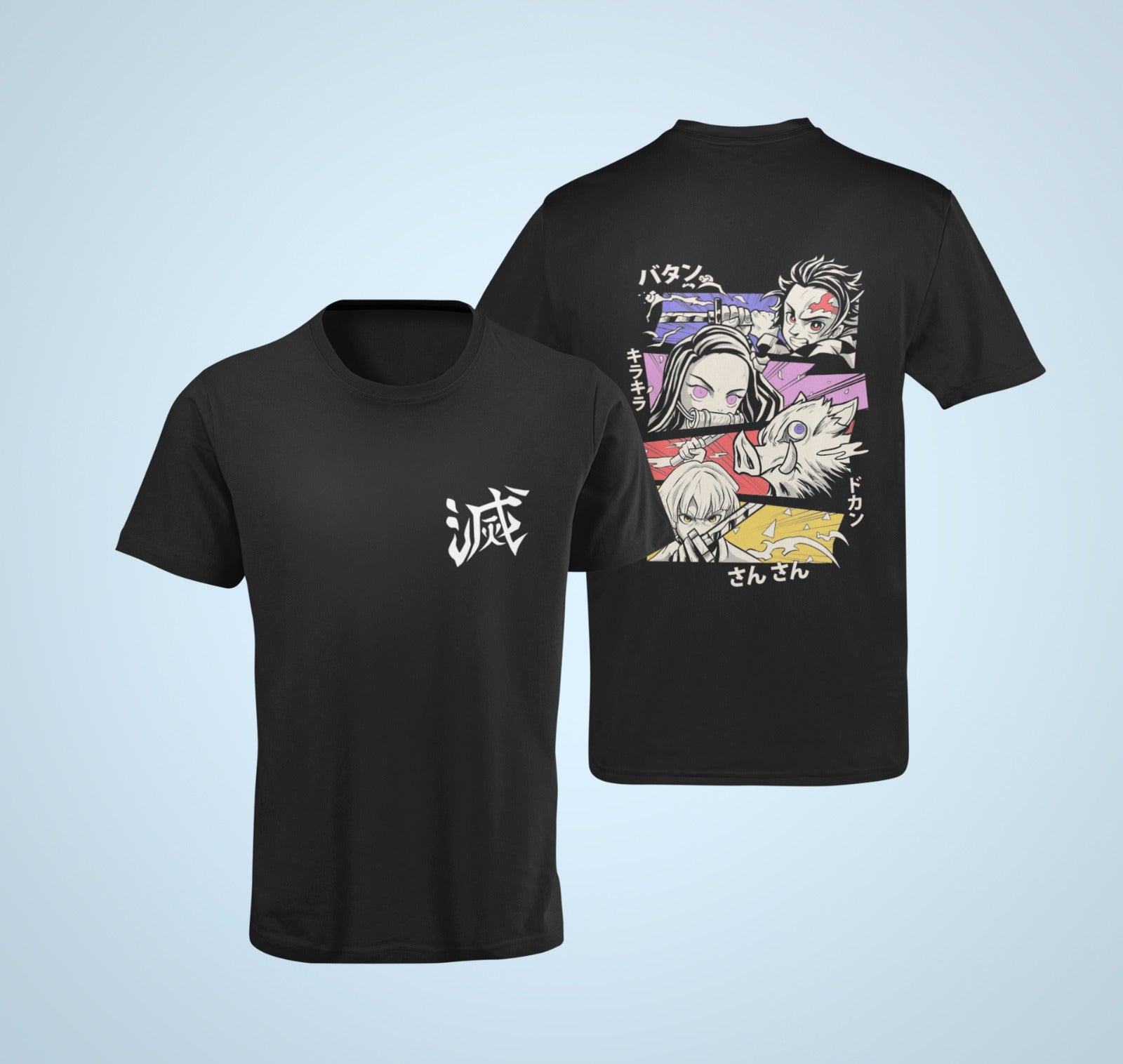 Get ready to show off your love for Demon Slayer with our black t-shirt featuring Tanjiro, Nezuko, Inosuke, and Zenitsu in action on the back. Made with high-quality materials, this comfortable and durable t-shirt is perfect for any fan of the hit anime series. Order now and add this stylish t-shirt to your Demon Slayer collection!