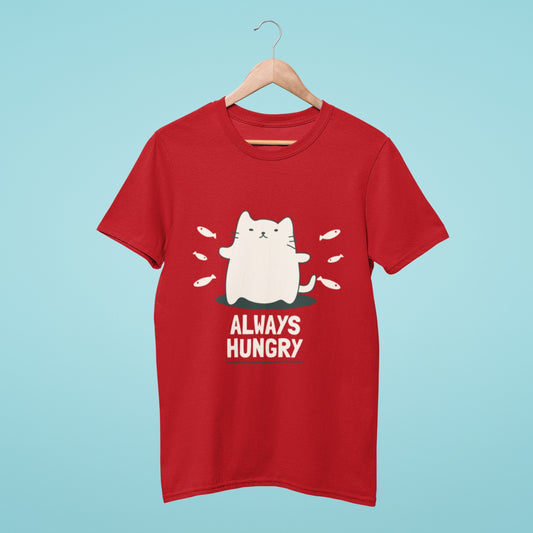 Satisfy your love for cats and food with our red t-shirt featuring a chubby cat surrounded by fish and the fun slogan "Always hungry". Made from high-quality materials, this comfortable and durable tee is perfect for everyday wear. Don't miss out on adding this adorable and relatable shirt to your collection!