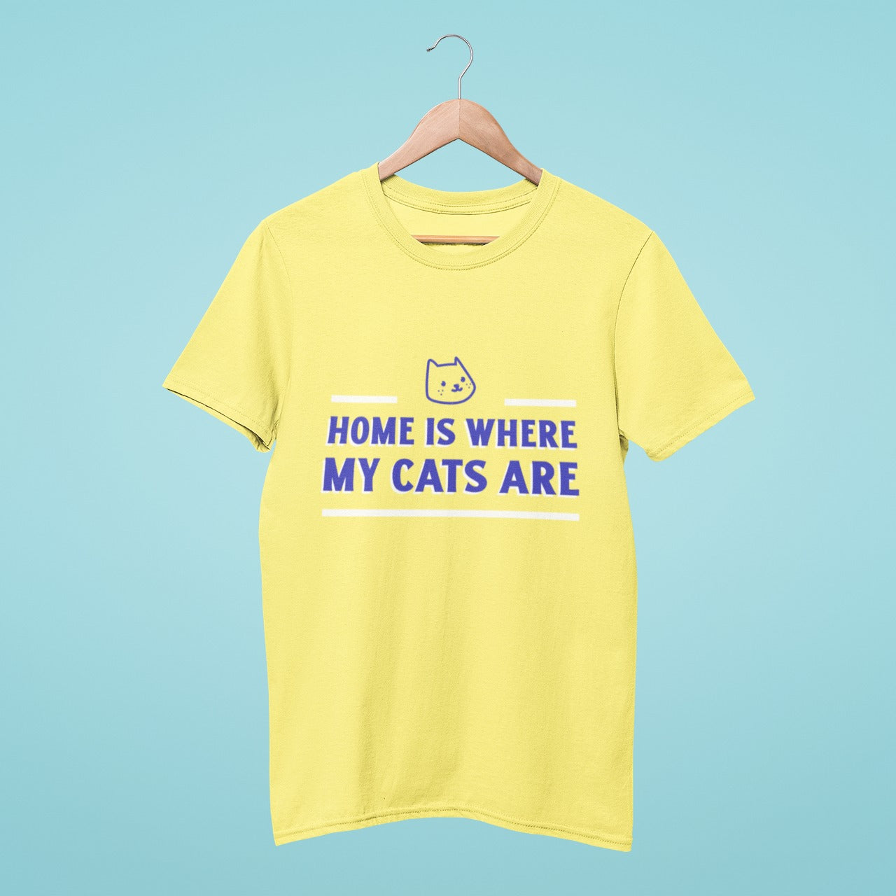Celebrate your love for your furry friends with our yellow "Home is where my cats are" t-shirt. Made from soft cotton, this shirt is comfortable for casual outings or lounging at home. Showcasing a playful slogan, this t-shirt is perfect for cat lovers. Find our product easily with optimized keywords.
