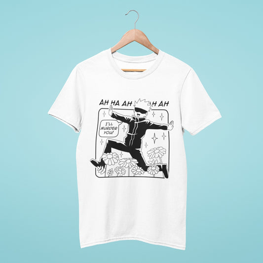 Add some fun to your wardrobe with our unique white t-shirt featuring Satoru Gojo from Jujutsu Kaisen running through a garden of flowers, laughing and saying "I'll murder you". Made with high-quality materials, this shirt offers both comfort and style. Perfect for anime conventions and casual outings, get yours today and showcase your love for the popular anime series!