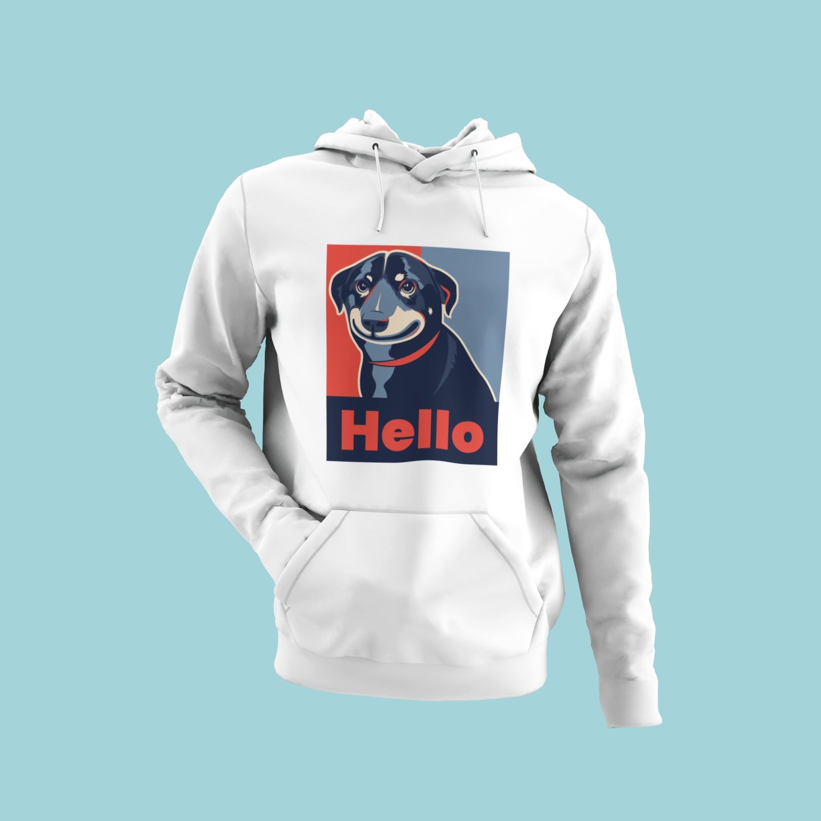 Make a statement with this white hoodie featuring a smiling Rottweiler in a striking red-blue dual-tone image and the word "hello". The comfortable material and unique design are perfect for dog lovers of all ages. Whether you're running errands or just hanging out at home, this hoodie is sure to turn heads. Order now and make a fashion statement that will never go unnoticed!