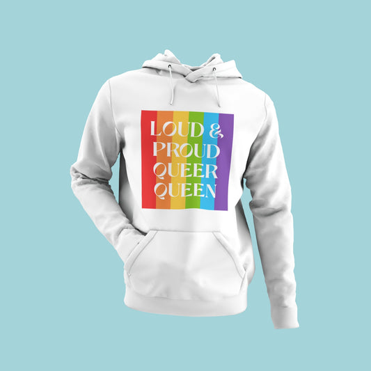 Celebrate your identity with the "LOUD & PROUD QUEER QUEEN" hoodie. Featuring a bold, rainbow-coloured slogan written in a box, this white hoodie lets you show off your pride in style. Made with soft and comfortable material, it's perfect for chilly days and making a statement. Get yours now!