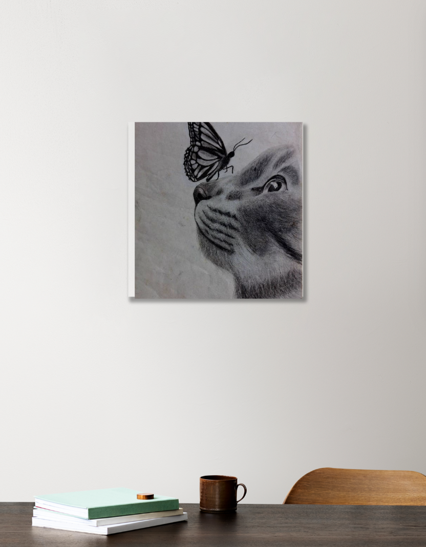 A cat and a butterfly Acrylic Square Poster by Prithisha 