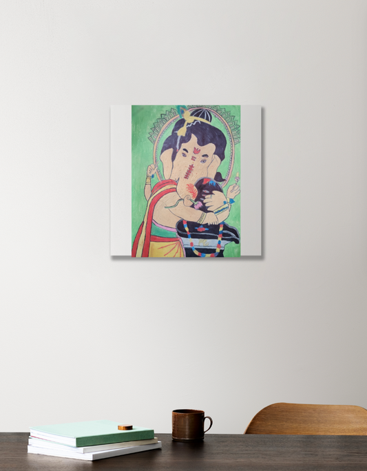 Lord Ganesh hugging Lord Shiv Painting Acrylic Square Poster by Tanisha Sinha