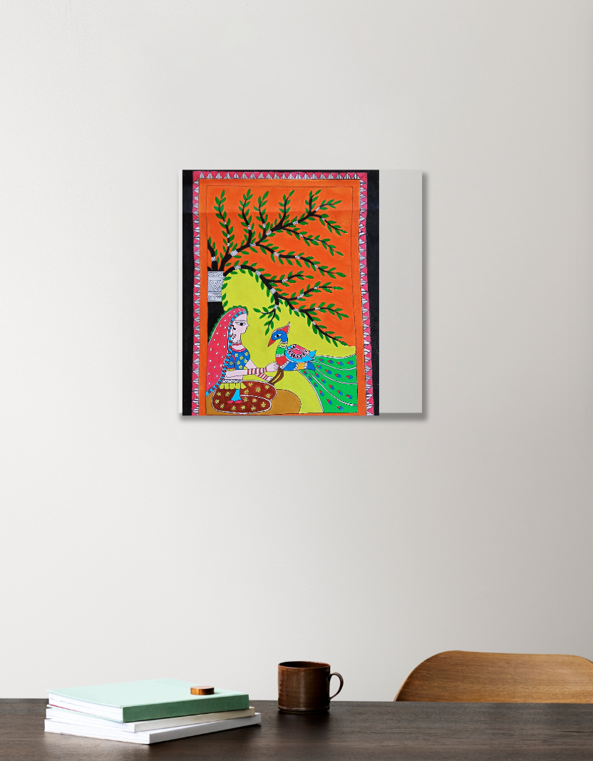 Peacock holding girl 12"x12" Acrylic Square Poster by Antara Verma