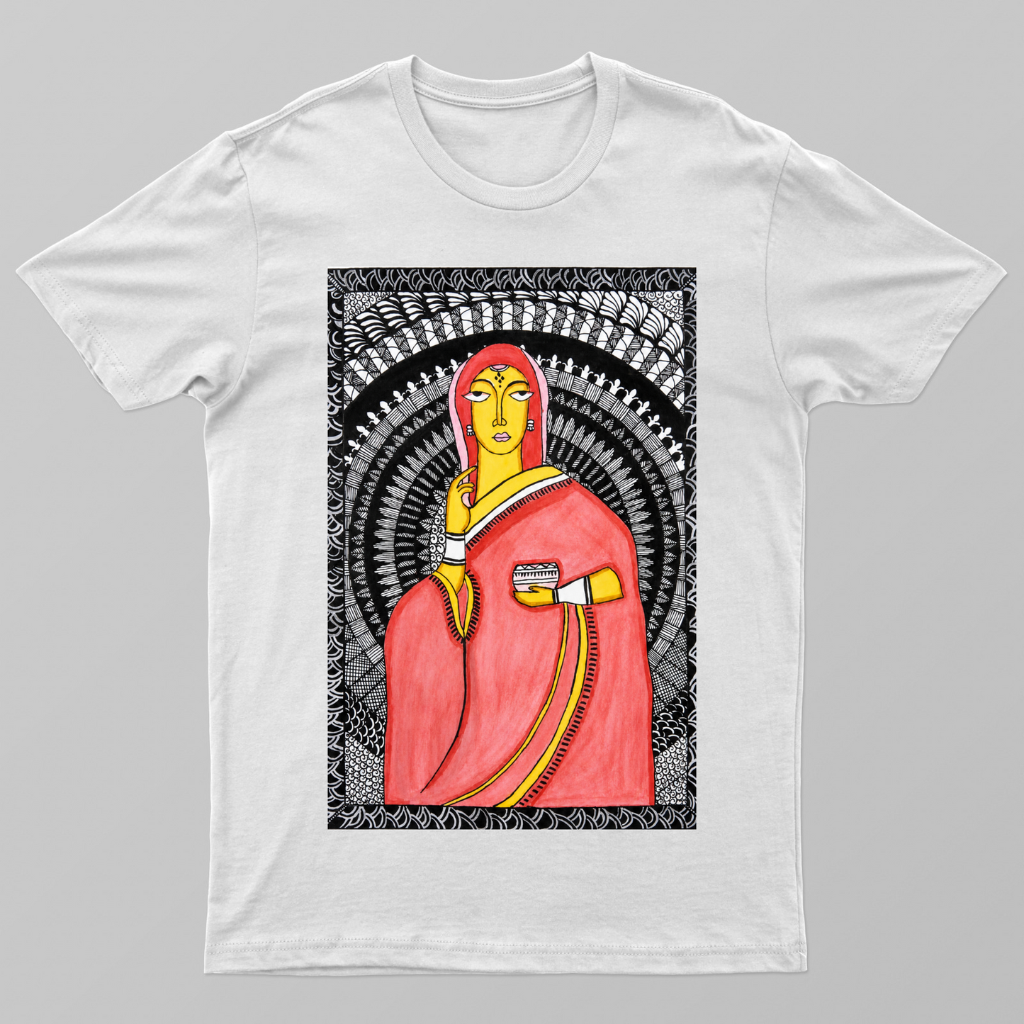 Jamini Ray lady in Mandala backdrop Unisex T-shirt by Sayanti Dey
