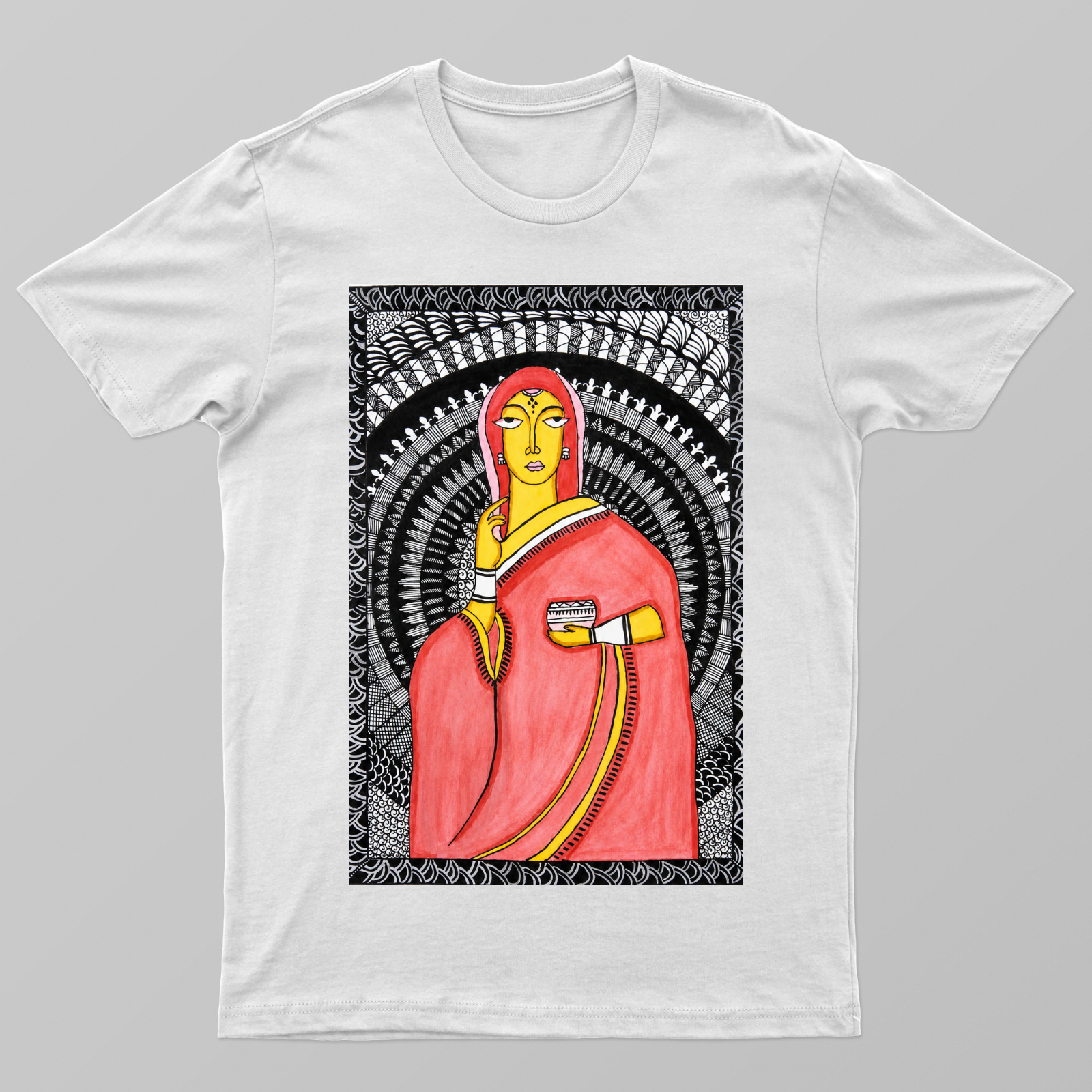 Jamini Ray lady in Mandala backdrop Unisex T-shirt by Sayanti Dey