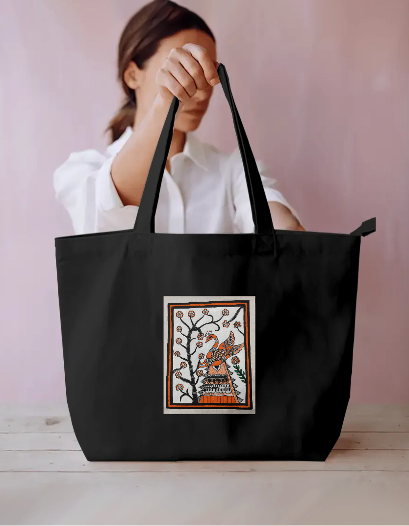 Peacock on a branch theme large tote bag Everyday Large Tote Bag by Antara Verma