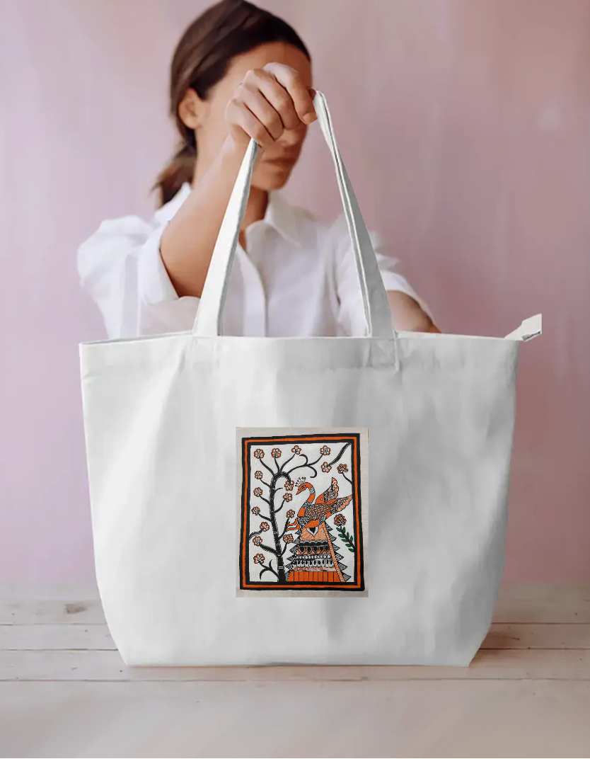 Peacock on a branch large tote bag Everyday Large Tote Bag by Antara Verma