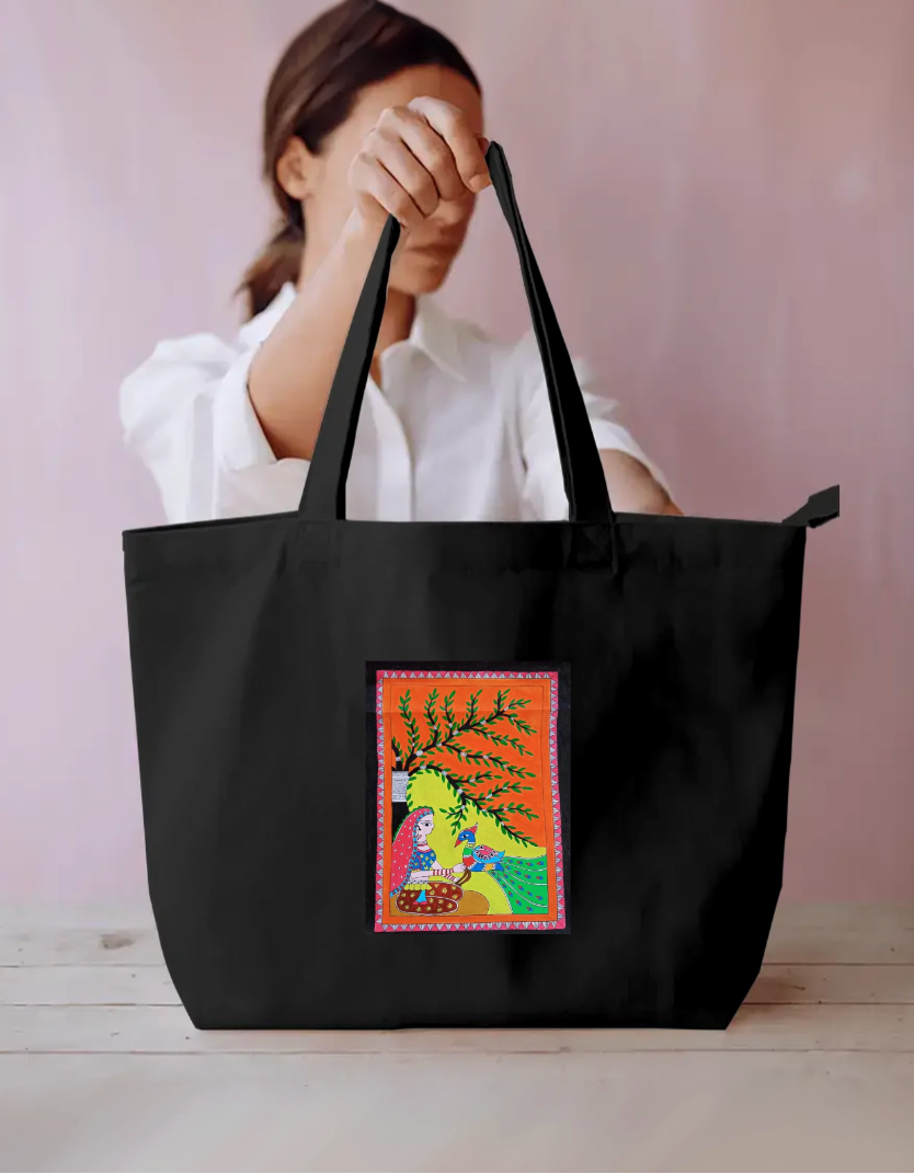 Peacock holding girl large tote bag Everyday Large Tote Bag by Antara Verma