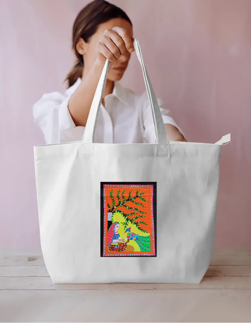 Peacock holding girl large tote bag Everyday Large Tote Bag by Antara Verma