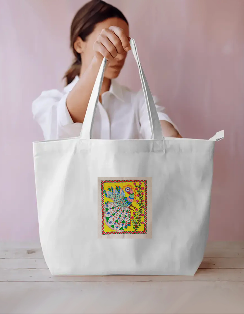 Peacock on a branch large tote bag Everyday Large Tote Bag by Antara Verma