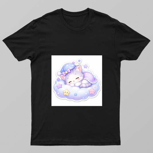 cute cat sleeping on cloud with starts Unisex T-shirt by @cute_pixel_016