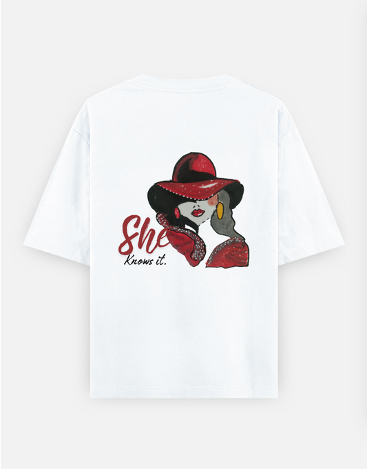 She knows it Oversized T-shirt (Back print) by @miralynadoraartworks