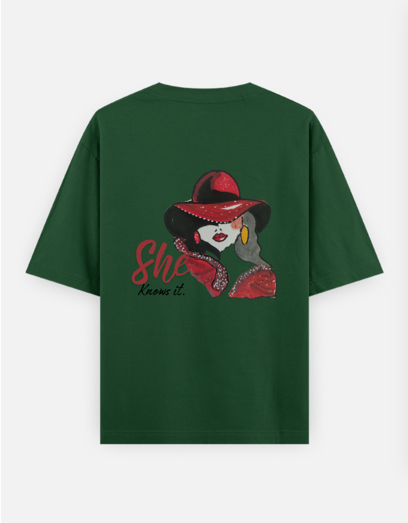 She knows it Oversized T-shirt (Back print) by @miralynadoraartworks