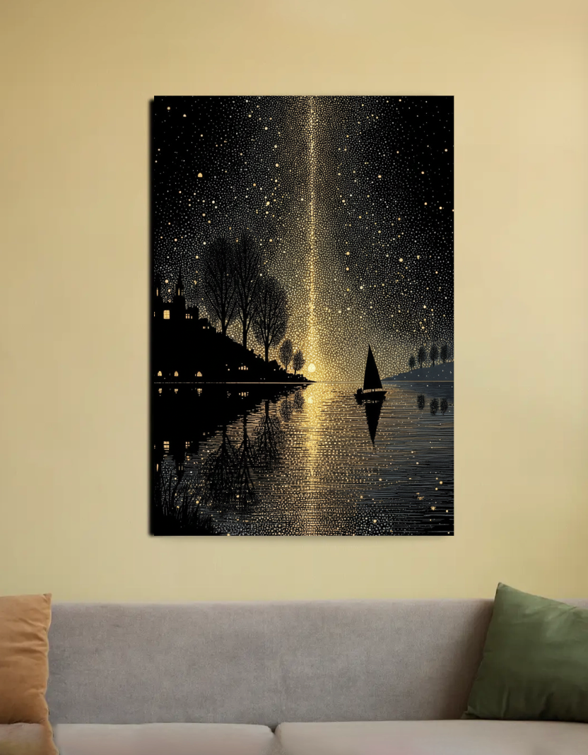 Starry Night Lake Landscape Wall Art | Minimal Nature Canvas 20"x30" Canvas Poster by Khatum ji
