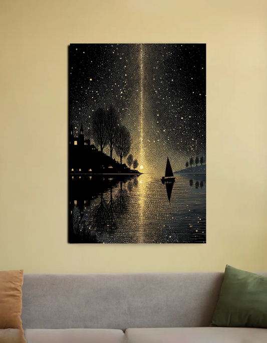 Starry Night Lake Landscape Wall Art | Minimal Nature Canvas 20"x30" Canvas Poster by Khatum ji