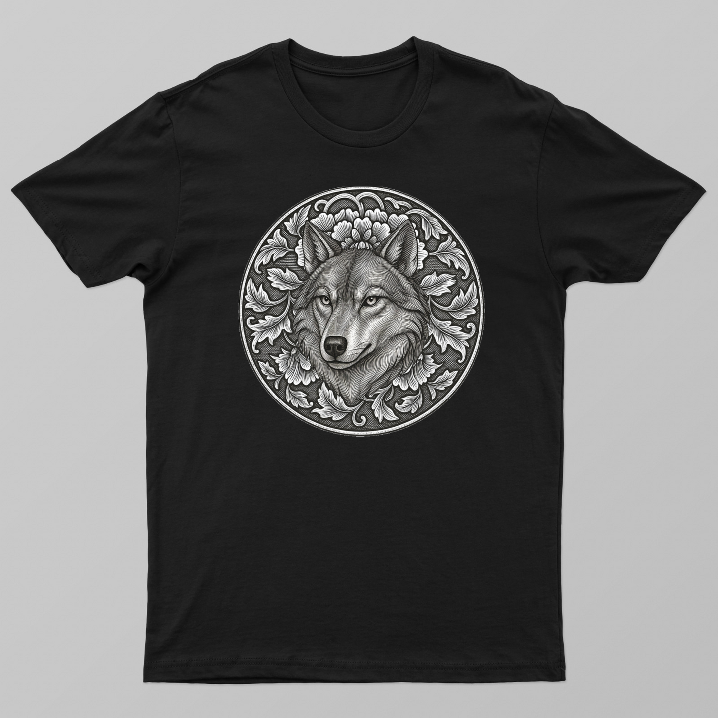 Floral wolf head engraved art design Unisex T-shirt by Designs bloom