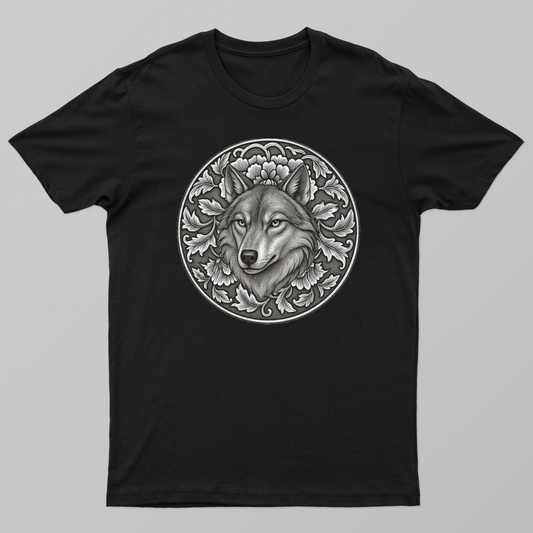 Floral wolf head engraved art design Unisex T-shirt by Designs bloom
