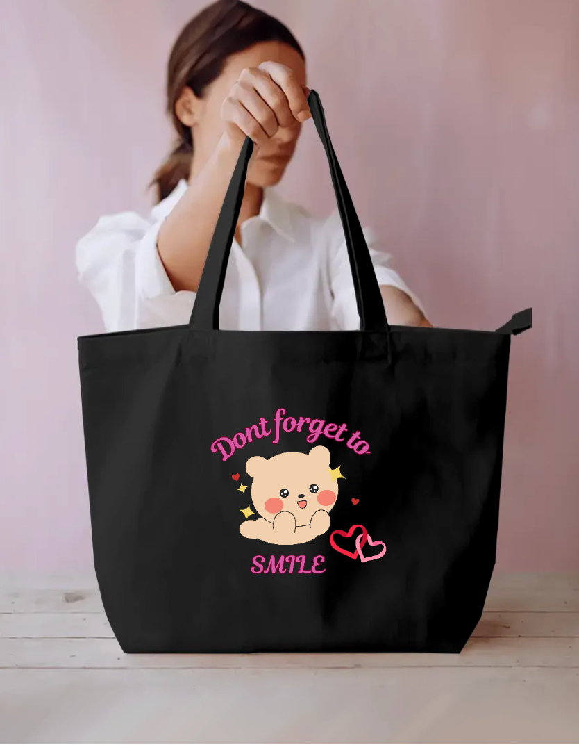 Cute Kawaii Bear "Don't Forget to Smile" Tote Bag Everyday Large Tote Bag by SeJaa_Studio