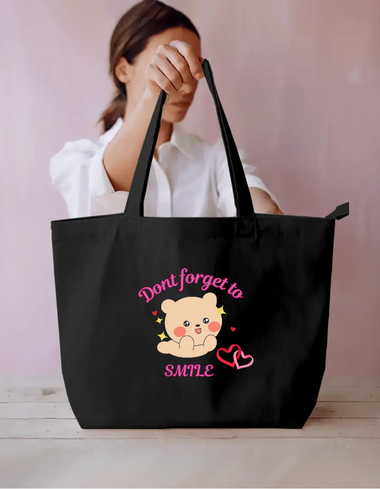 Cute Kawaii Bear "Don't Forget to Smile" Tote Bag Everyday Large Tote Bag by SeJaa_Studio